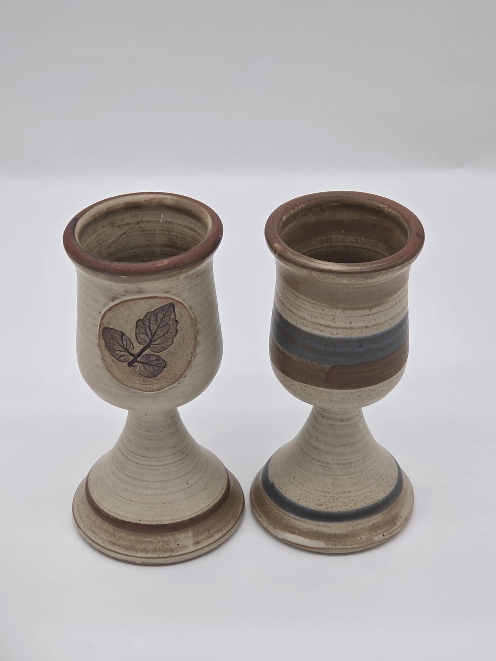 Handpainted Pottery Goblet Pair in Cream and Brown